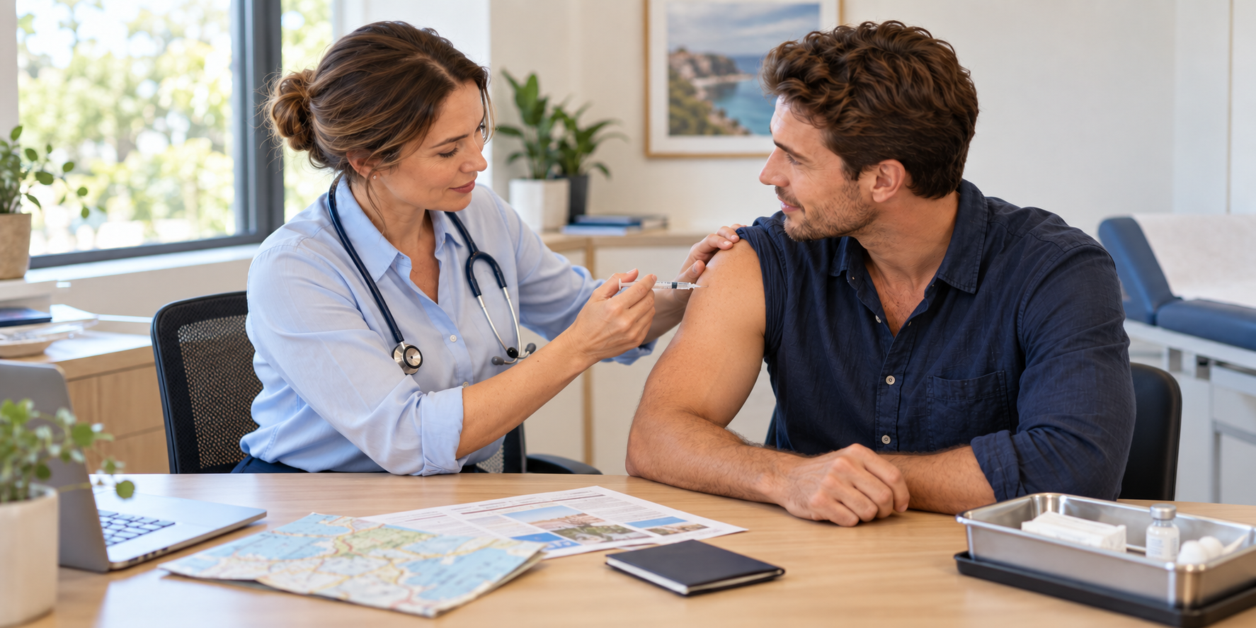 A patient receives a vaccination before overseas travel.